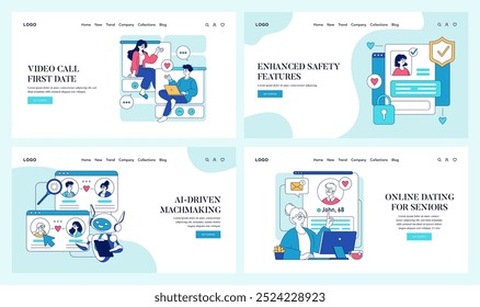 Conjunto de encontros online. Conexões virtuais e experiência de correspondência segura. Videochamadas para primeiros encontros, recursos de segurança, assistência de IA, namoro sênior. Ilustração vetorial.
