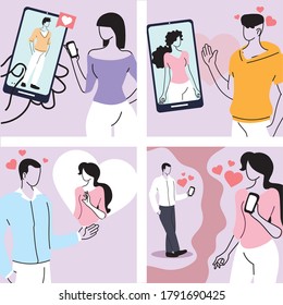 online dating set, virtual relationship and online love vector illustration design