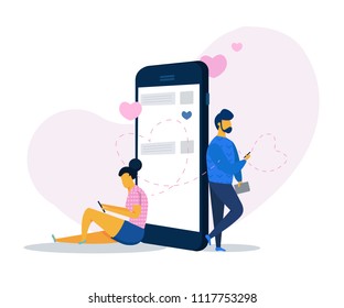 Online dating and social networking, virtual relationships concept .Male and female chatting on the Internet. Vector 3d isometric illustration.