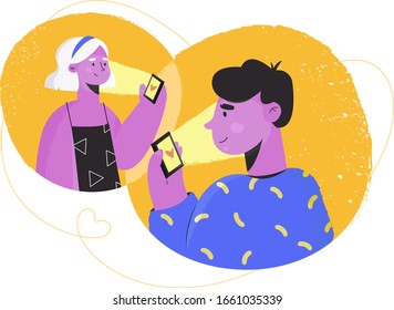 Online-Dating und Social Networking, Konzept der virtuellen Beziehungen. Junge Leute, die ein Paar suchen. Mann und Frau halten ein Telefon und treffen sich online. Vektorillustration, flach.