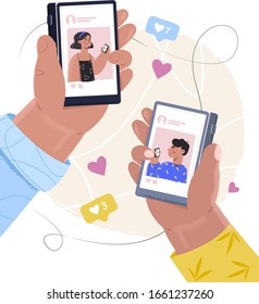 El concepto de citas en línea y redes sociales, relaciones virtuales. Manos sosteniendo smartphone con perfiles de hombre y mujer. Amor virtual. Ilustración del vector