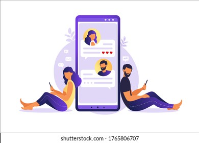 Online dating and social networking, virtual relationships concept. Male and female chatting on the Internet. Dating app and virtual relationship. Vector illustration