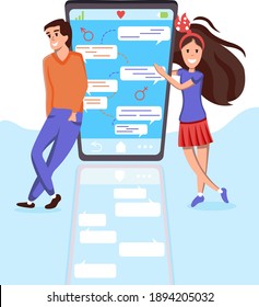 Online dating and social networking, virtual relationships concept, love. Young people looking for a couple. Couple meeting online. Vector illustration, flat style.