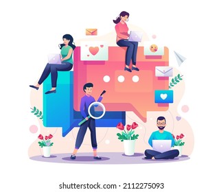 Online dating and social networking, virtual relationships concept with people searching for a romantic relationship via their gadget. online dating app and messenger. Flat style vector illustration