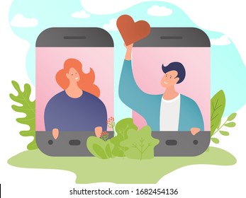 Online dating, social networks for communication and online finding love. Banner with character of man, woman. Mobile phone digital communication. Cartoon style. Vector illustration.