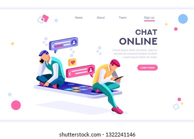 Online dating, social teenagers. Concept of network top application header. Cartoon banner between white background, between empty space. 3d images isometric vector illustrations. Interacting people