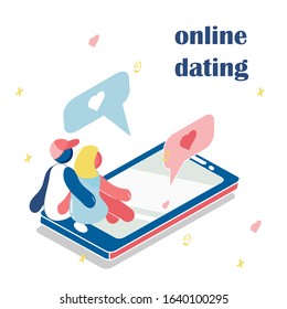 Online dating, social teenagers. Concept of network top application header. Cartoon banner 3d images isometric vector illustrations. Date, meeting, love on internet concept.Flat design vector illustra