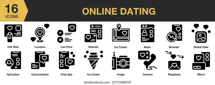 Online Dating solid icon set. Includes online, smartphone, app, communication, mobile, phone, and More. Solid icons vector collection.