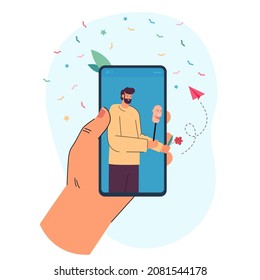 Online Dating With Stranger Holding Fake Face And Flower. Man With Mask On Mobile Phone Screen Flat Vector Illustration. Social Media Danger Concept For Banner, Website Design Or Landing Web Page