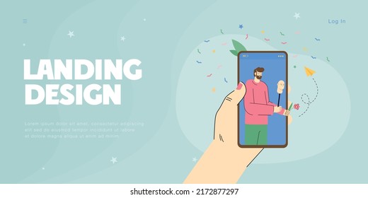 Online Dating With Stranger Holding Fake Face And Flower. Man With Mask On Mobile Phone Screen Flat Vector Illustration. Social Media Danger Concept For Banner, Website Design Or Landing Web Page