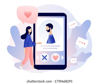 Citas en línea. Pequeña chica buscando pareja en la aplicación de citas. Relación virtual. Conocimiento en redes sociales. Estilo moderno de dibujos animados planos. Ilustración del vector sobre fondo blanco