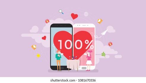 Online Dating Tiny People Character Concept Vector Illustration, Suitable For Wallpaper, Banner, Background, Card, Book Illustration, Web Landing Page, and Other Related Creative