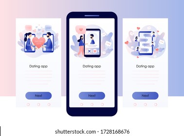 Online dating. Tiny people chatting in the dating app. Virtual relationship. Acquaintance in social network. Screen template for mobile smart phone. Modern flat cartoon style. Vector illustration 