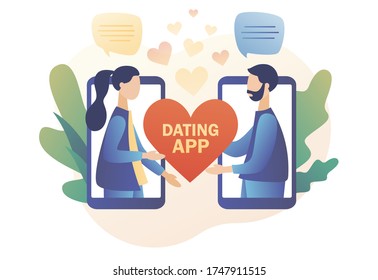 Online dating. Tiny people chatting in the dating app. Acquaintance in social network. Virtual relationship and online love. Modern flat cartoon style. Vector illustration on white background