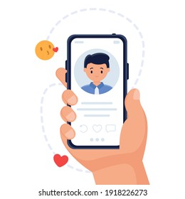 Online dating vector concept. Dating app. Hand holds smartphone with profile of a man. Social networking concept. Young people are looking for a couple. Man and woman chatting on the Internet.