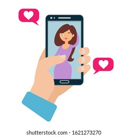 Online dating vector flat illustration concept. Hand holding smartphone with online dating app, beautiful girl portrait and heart love icons. Graphic elements for web design, printed materials.