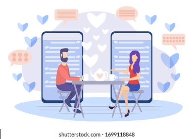 Ilustración vectorial de citas en línea. Relación de pareja conceptual de personas planas. Aplicación móvil para comunicación e introducción a distancia con parejas románticas o sexuales. Chat de mensajes web