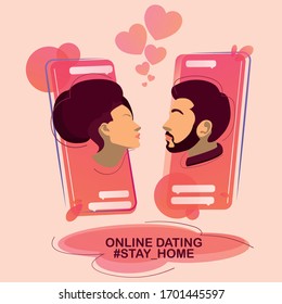 Online dating vector illustration. Flat persons concept couple relationship. Mobile application for distance communication and introduction with romantic or sexual partners. Web message chat