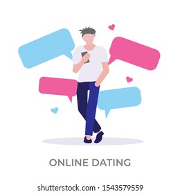 Online dating vector illustration. Modern relationship through mobile chatting. Love and romance. Isolated on white background, modern flat style.