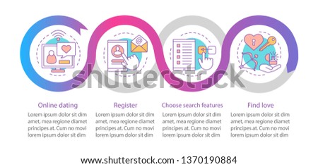 Online dating vector infographic template. Business presentation design elements. Register, choose search features. Data visualization with four steps, options. Process timeline chart. Workflow layout