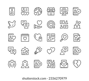 Online dating. Vector line icons set. Internet dating service concepts. Black outline stroke symbols