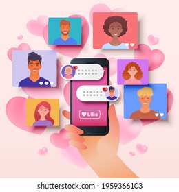 Online dating via mobile app platform vector illustration, user looking at people profile images searching for love via smartphone. Vector illustration