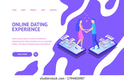Online Dating and Virtual People Communication Concept Landing Web Page 3d Isometric View. Vector illustration of Man and Woman Relationship