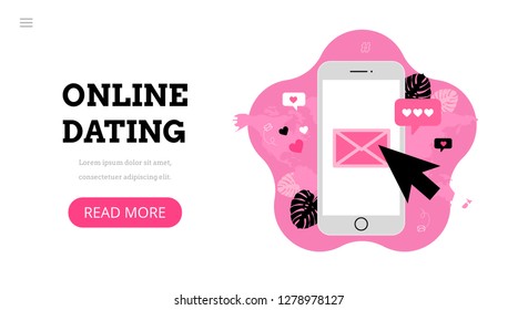Online dating. Virtual relationships. Dating applications concept. Flat vector illustration with smartphone. Find love. Landing page template. Modern flat design concept for web design.