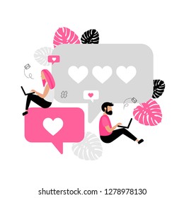 Online dating. Virtual relationships. Dating applications concept. Flat vector illustration with male and female chatting. Find love. 