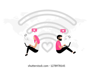 Online dating. Virtual relationships. Dating applications concept. Flat vector illustration with male and female chatting. Find love. 