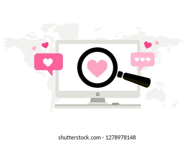 Online dating. Virtual relationships. Dating applications concept. Flat vector illustration with desktop computer. Find love. 