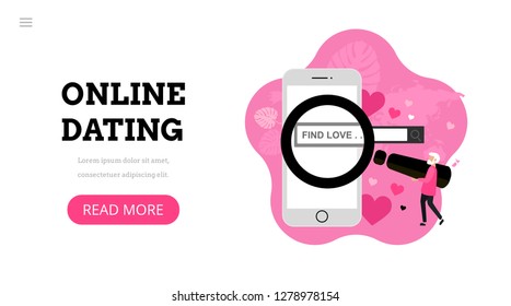 Online dating. Virtual relationships. Dating applications concept. Flat vector illustration with smartphone and man. Find love. Landing page template. Modern flat design concept for web design.