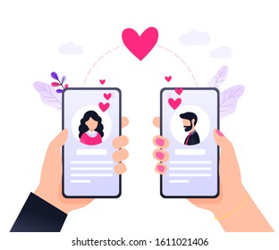 Online dating. Virtual relationships. Dating applications concept. Flat vector illustration with male and female chatting. Find love. Landing page template. Modern flat design concept for web design