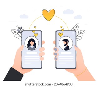 Online dating. Virtual relationships. Dating applications concept. Flat vector illustration with male and female chatting. Find love. Landing page template. Modern flat design concept for web design