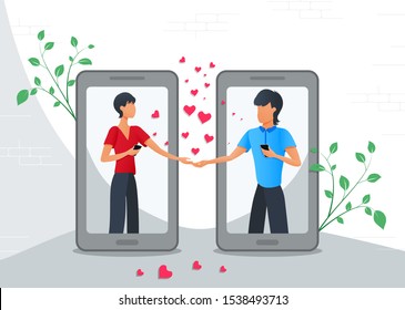 Online dating or virtual relationships, cute couple with smartphones chatting on the internet, social networking, male and female sending romantic messages through dating mobile app