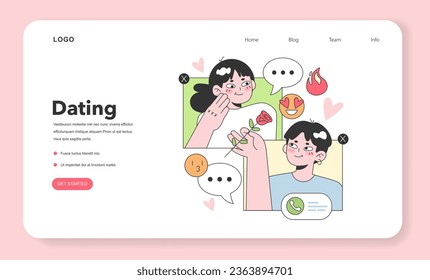 Online dating web banner or landing page. Cute romantic couple communicating through the social media or dating application. Cute woman and man in love chatting. Flat vector illustration