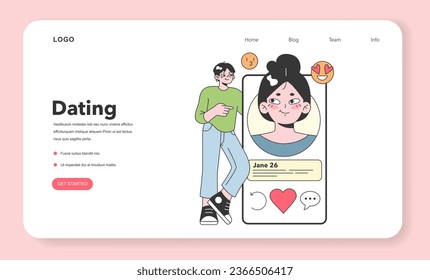 Online dating web banner or landing page. Cute romantic couple communicating through the social media or dating application. Cute woman and man in love chatting. Flat vector illustration