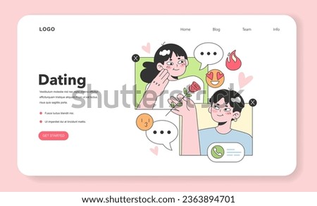 Online dating web banner or landing page. Cute romantic couple communicating through the social media or dating application. Cute woman and man in love chatting. Flat vector illustration