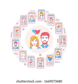 Online dating web banner. Virtual love search service. Infographics with linear icons on red background. Creative idea concept. Isolated outline color illustration