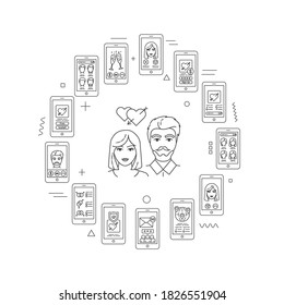 Online dating web banner. Virtual love search service. Infographics with linear icons on red background. Creative idea concept. Isolated outline black illustration