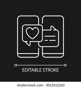 Online dating white linear icon for dark theme. Popular trend during pandemic. Romantic relations. Thin line customizable illustration. Isolated vector contour symbol for night mode. Editable stroke