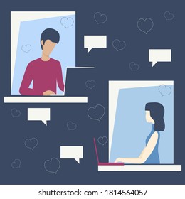 Online dating. Woman and man sitting at desk, looking at computer screen and chatting online. Vector illustration.