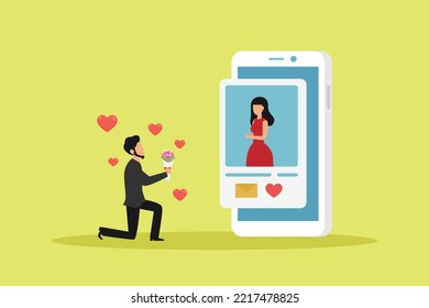 Online dating - young lover man giving flowers to her girlfriend in a mobile 2d vector illustration concept for banner, website, illustration, landing page, flyer, etc.
