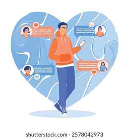 Online dating. A young man uses a smartphone to chat with friends and acquaintances. Concept of Young People Using Smartphones. Flat vector illustration.