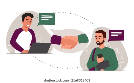 Online deal concept. Characters negotiating on internet, online video call. Partnership, businessman and investor, collaboration of companies. Social network. Cartoon flat vector illustration