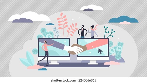 Online deal concept,flat tiny persons vector illustration with two computer screens and human handshake.E-commerce deal agreement and mutual trust symbol.Building customer relationships abstract scene