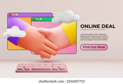 Online deal or online contract concept illustration with two 3d cartoon hands in handshake coming out from two browser windows designed as web banner or page. Vector illustration