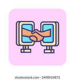 Online deal line icon. Device, gadget, handshake. Business concept. Can be used for topics like contract, partnership, agreemen