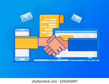 Online deal . Signing a contract. Business  handshake. investing money in a new project. Concept for web page, banner, presentation, social media.