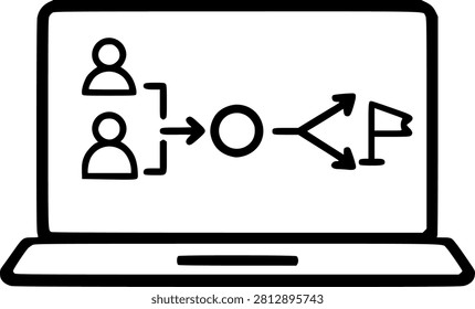 Online decision-making workflow icon featuring users, process arrows, multiple choices, and target flag on a laptop screen for business planning and digital management.